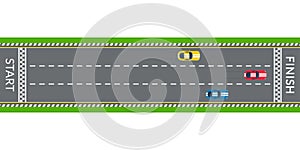 Race track with sport cars. Top view. Rally road with start line and finish line. Vector illustration