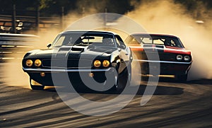 Race between two muscle cars at speed track. Generative AI