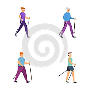 Race walking icons set cartoon vector. People doing nordic walking