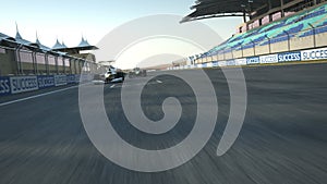 Racecars crossing finishing line - rear cam POV