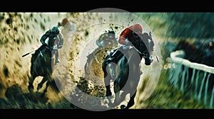 Racehorses and jockeys compete at finish line. Blurred motion background to emphasize speed. Bet concept. Generative AI