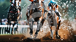 Racehorses and jockeys compete at finish line. Blurred motion background to emphasize speed. Bet concept. Generative AI photo