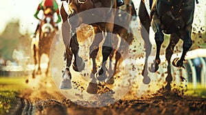 Racehorses and jockeys compete at finish line. Blurred motion background to emphasize speed. Bet concept. Generative AI