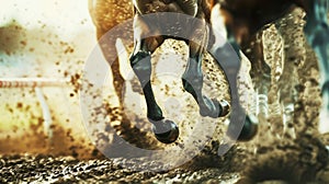 Racehorses and jockeys compete at finish line. Blurred motion background to emphasize speed. Bet concept. Generative AI