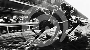 Racehorses and jockeys compete at finish line. Blurred motion background to emphasize speed. Bet concept. Generative AI photo