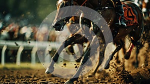 Racehorses and jockeys compete at finish line. Blurred motion background to emphasize speed. Bet concept. Generative AI photo