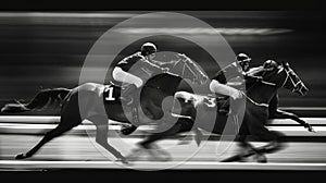 Racehorses and jockeys compete at finish line. Blurred motion background to emphasize speed. Bet concept. Generative AI photo