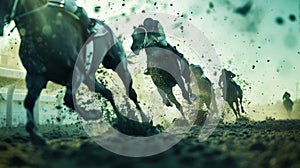 Racehorses and jockeys compete at finish line. Blurred motion background to emphasize speed. Bet concept. Generative AI