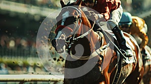 Racehorses and jockeys compete at finish line. Blurred motion background to emphasize speed. Bet concept. Generative AI photo