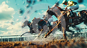 Racehorses and jockeys compete at finish line. Blurred motion background to emphasize speed. Bet concept. Generative AI photo