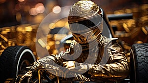 Racer in golden uniform and helmet sitting in racing car, preparing for a ride. Winner. Concept of motorsport, racing