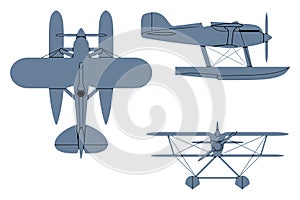 Racer Seaplane Silhouette (1925). Top, Side, Front View. Vintage airplane