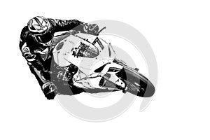 Racer on a sports motobike, white isolated background. Pencil image photo