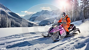 Racers ride snowmobile active speed winter snow a adrenaline speed forest, mountains