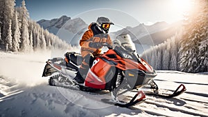 Racers ride snowmobile active speed winter suit action a magnificent snowy forest, mountains