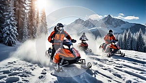 Racers ride snowmobile active speed winter suit active a beautiful magnificent snowy forest, mountains