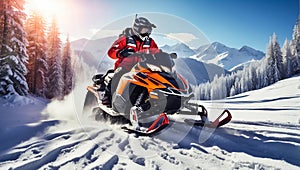 Racers ride snowmobile active speed winter suit adventure a beautiful magnificent snowy forest, mountains