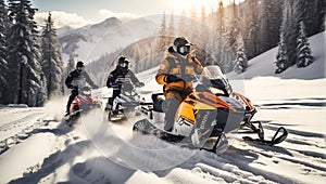 Racers ride snowmobile active a winter suit active a beautiful magnificent snowy forest, mountains