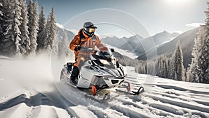 Racers ride snowmobile in a winter suit in a beautiful magnificent snowy forest, mountains