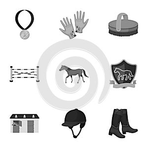 Races on horseback, hippodrome. Horse racing and equipping riders.Hippodrome and horse icon in set collection on