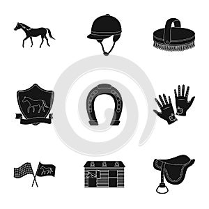 Races on horseback, hippodrome. Horse racing and equipping riders.Hippodrome and horse icon in set collection on black