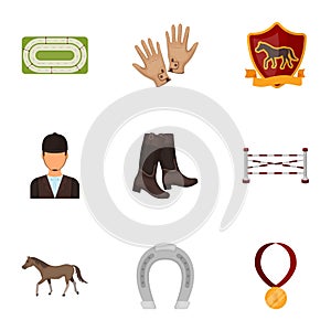 Races on horseback, hippodrome. Horse racing and equipping riders.Hippodrome and horse icon in set collection on cartoon