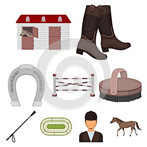 Races on horseback, hippodrome. Horse racing and equipping riders.Hippodrome and horse icon in set collection on cartoon