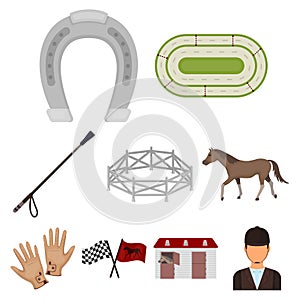 Races on horseback, hippodrome. Horse racing and equipping riders.Hippodrome and horse icon in set collection on cartoon