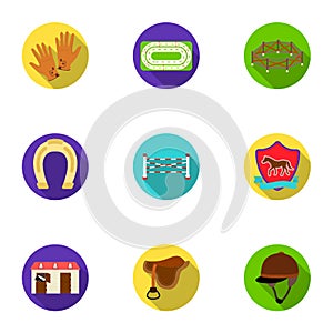 Races on horseback, hippodrome. Horse racing and equipping riders.Hippodrome and horse icon in set collection on flat