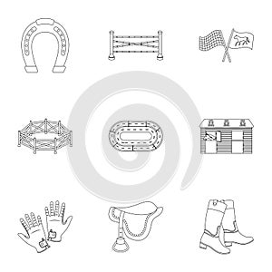 Races on horseback, hippodrome. Horse racing and equipping riders.Hippodrome and horse icon in set collection on outline