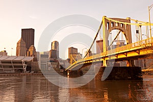 Rachel Carson Bridge over the Allegheny River downtown city skyline of Pittsburgh