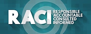 RACI Responsibility Matrix - Responsible, Accountable, Consulted, Informed mind map acronym, business concept for presentations