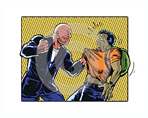 Comic book illustrated bully character terrorizing a young man photo