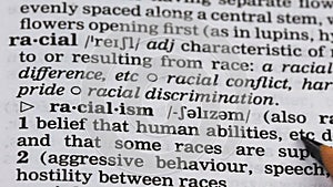Racialism word definition in dictionary, aggressive attitude to different races