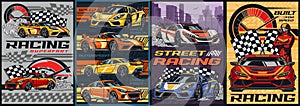 Racing automobiles set flyers colorful photo