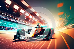 racing car across stadium for formula one racing on blurry background, generative ai