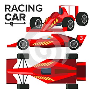 Racing Car Bolid Vector. Sport Red Racing Car. Front, Side, Back View. Auto Drawing. Illustration