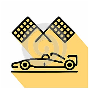 Racing car with checkered flags flat line icon