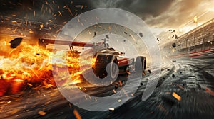 Racing car driving fast during accident, sports vehicle runs with fire and smoke on track. Flame, wreckage and sparks on road.