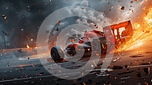 Racing car driving fast during accident, sports vehicle runs with fire and smoke on track. Flame, wreckage and sparks on road.