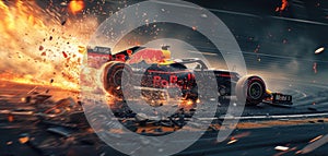 Racing car driving with fire, smoke and sparks on dark background, burning sports vehicle runs fast on track. Concept of crash,