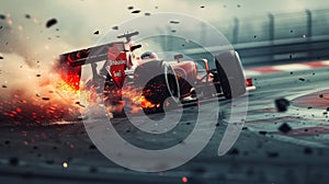 Racing car driving with fire, smoke and sparks on dark background, burning sports vehicle runs fast on track at night. Concept of photo