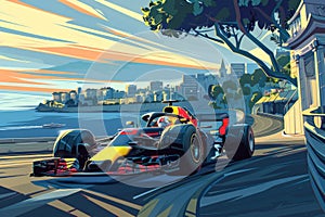 Racing car in motion with blurred competing cars in background. Formula One motor racing event. Cartoon style