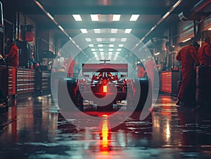 Racing car silhouette in garage, rear perspective, shadowy pit lane, atmospheric, cinematic lighting