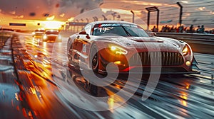 Racing Car Speeding On Track At Sunset With Dynamic Motion Blur
