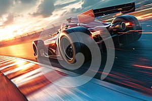 Racing car speeds, dominating track with adrenaline fueled intensity, thrilling action