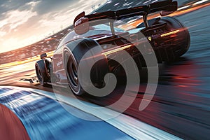 Racing car speeds, dominating track with adrenaline fueled intensity, thrilling action