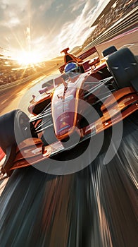 Racing car speeds, dominating track with adrenaline fueled intensity, thrilling action