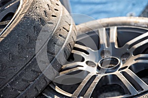 Racing car tire close up