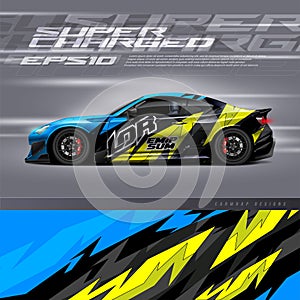 Racing car wrap design vector. Graphic abstract stripe racing background kit designs for wrap vehicle, race car, rally, adventure